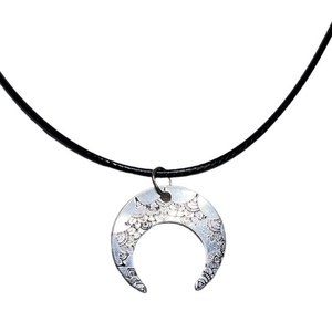 Handmade stamped floral‎ crescent moon silver adjustable black leather necklace